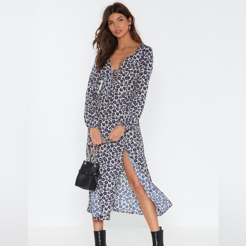 Nasty Gal Navy Floral Long Sleeve Dress